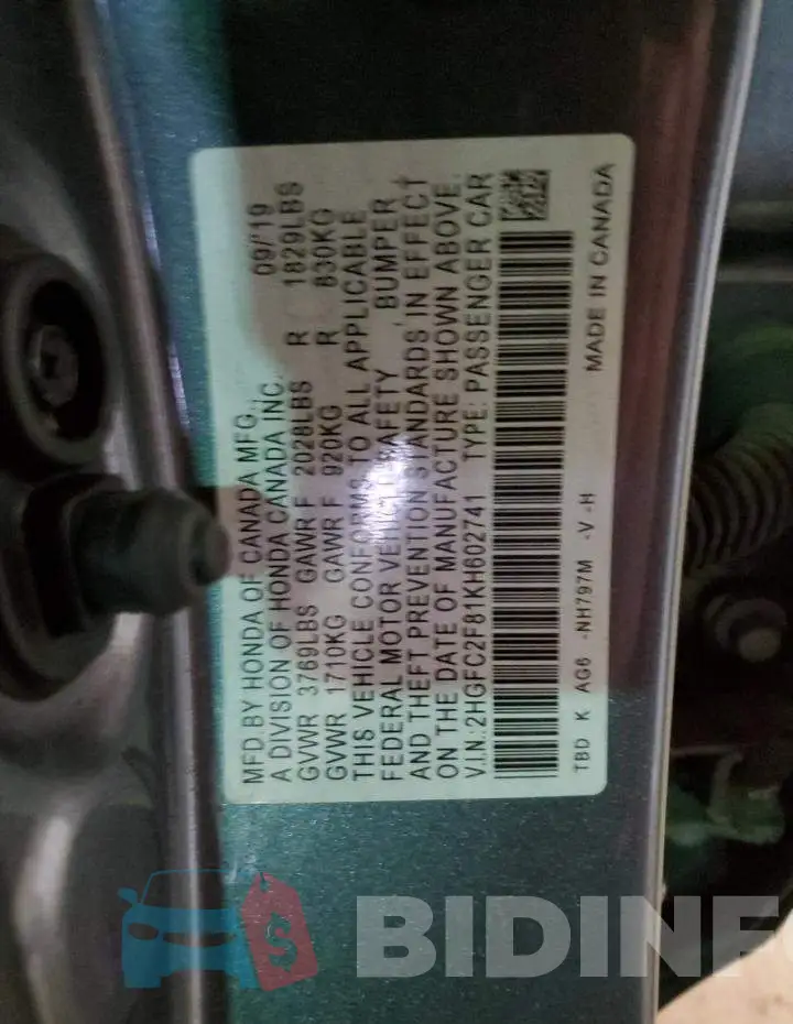 2HGFC2F81KH602741 Photo# 12