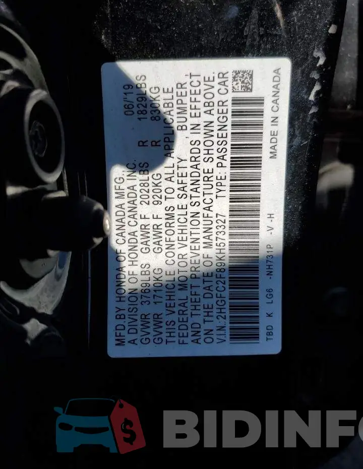 2HGFC2F89KH573327 Photo# 12