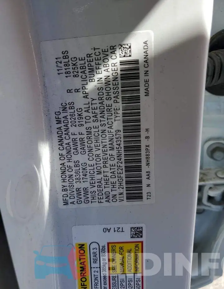 2HGFE2F24NH543579 Photo# 10