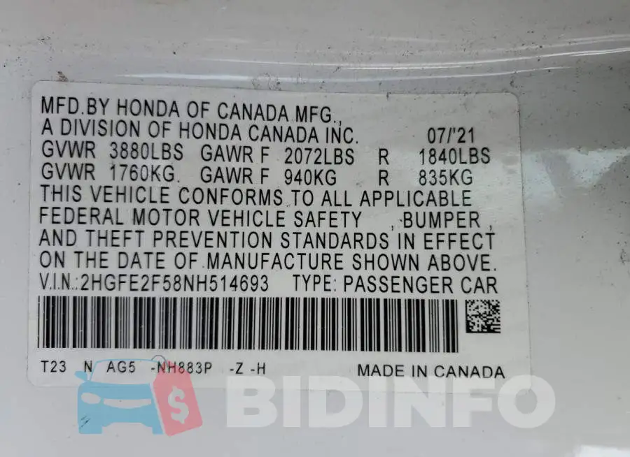 2HGFE2F58NH514693 Photo# 12