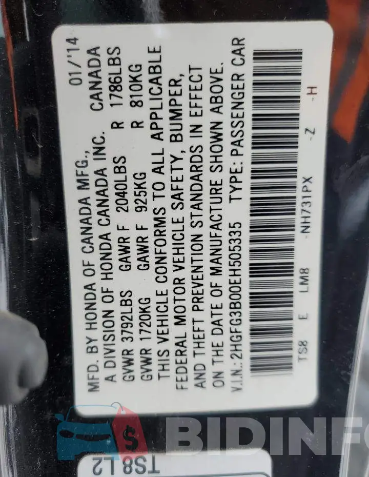 2HGFG3B00EH505335 Photo# 13
