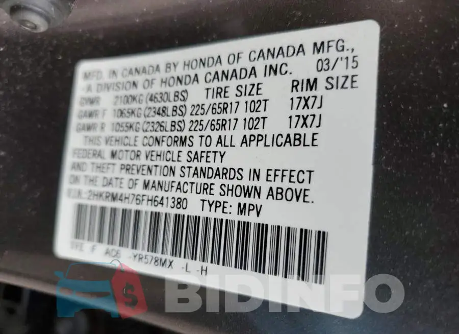 2HKRM4H76FH641380 Photo# 12