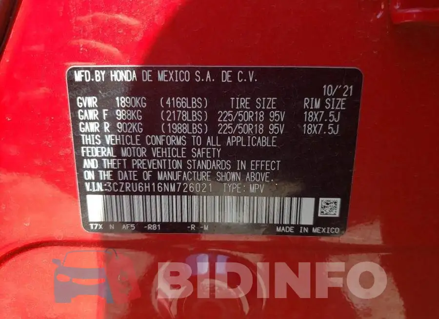 3CZRU6H16NM726021 Photo# 10