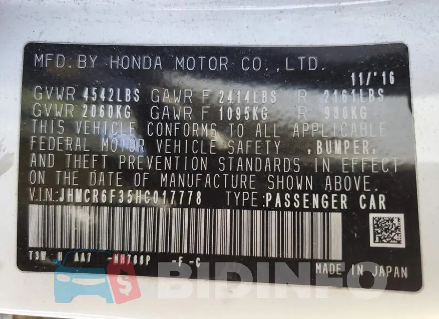 JHMCR6F35HC017778 Photo# 12