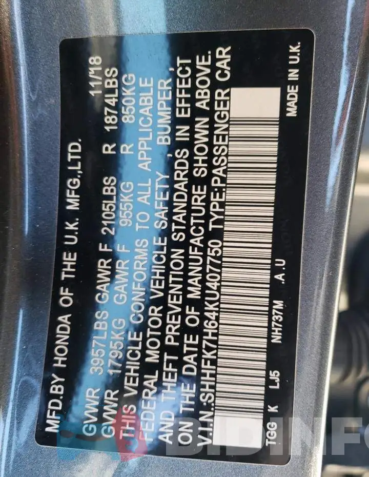 SHHFK7H64KU407750 Photo# 13