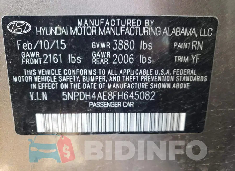 5NPDH4AE8FH645082 Photo# 12