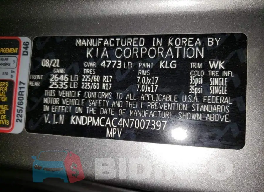 KNDPMCAC4N7007397 Photo# 14