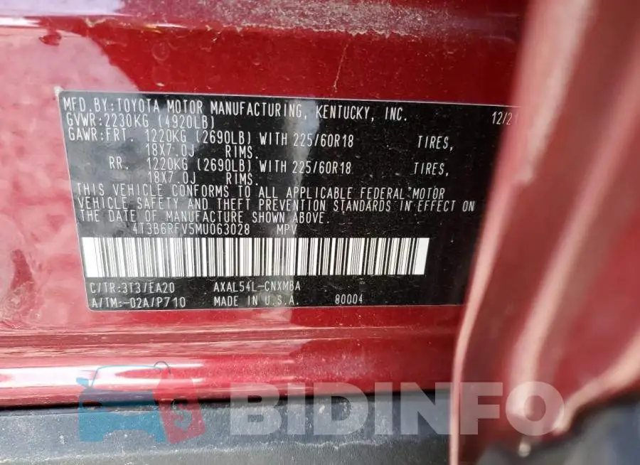 4T3B6RFV5MU063028 Photo# 13