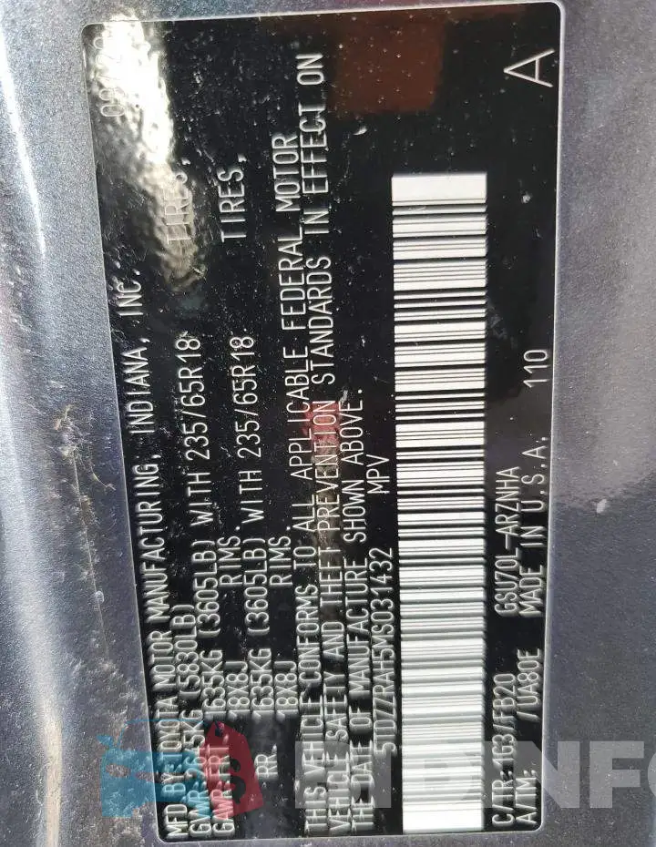 5TDZZRAH5MS031432 Photo# 12