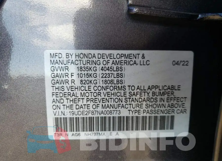 19UDE2F87NA008773 Photo# 10
