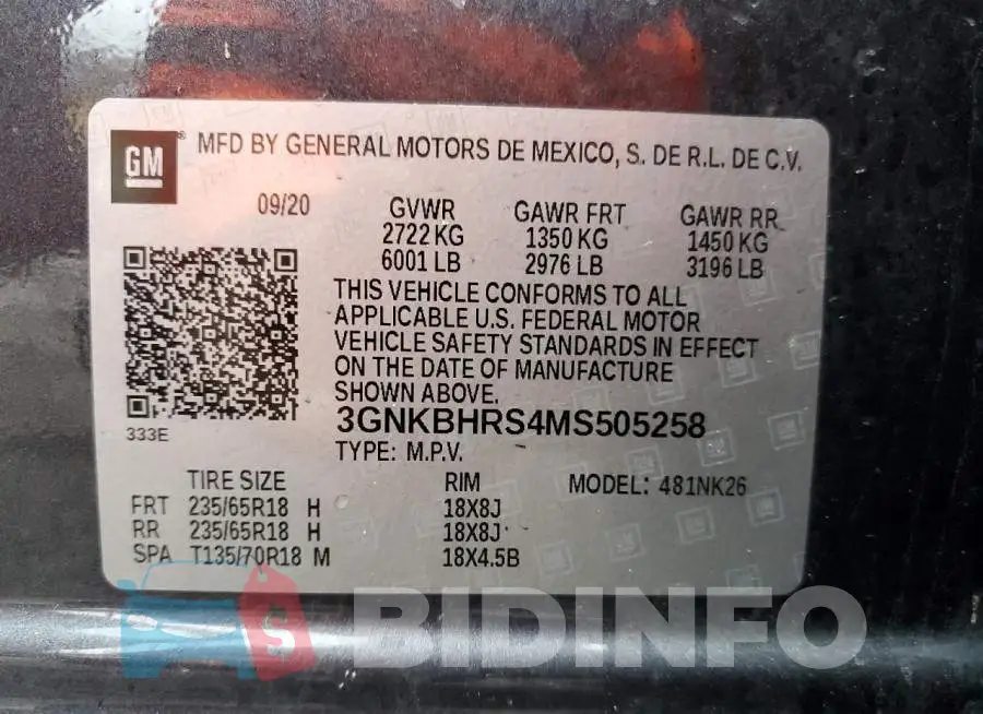 3GNKBHRS4MS505258 Photo# 13