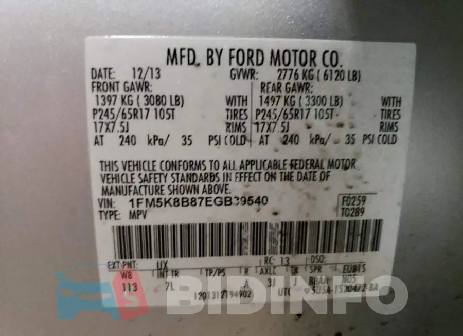 1FM5K8B87EGB39540 Photo# 13