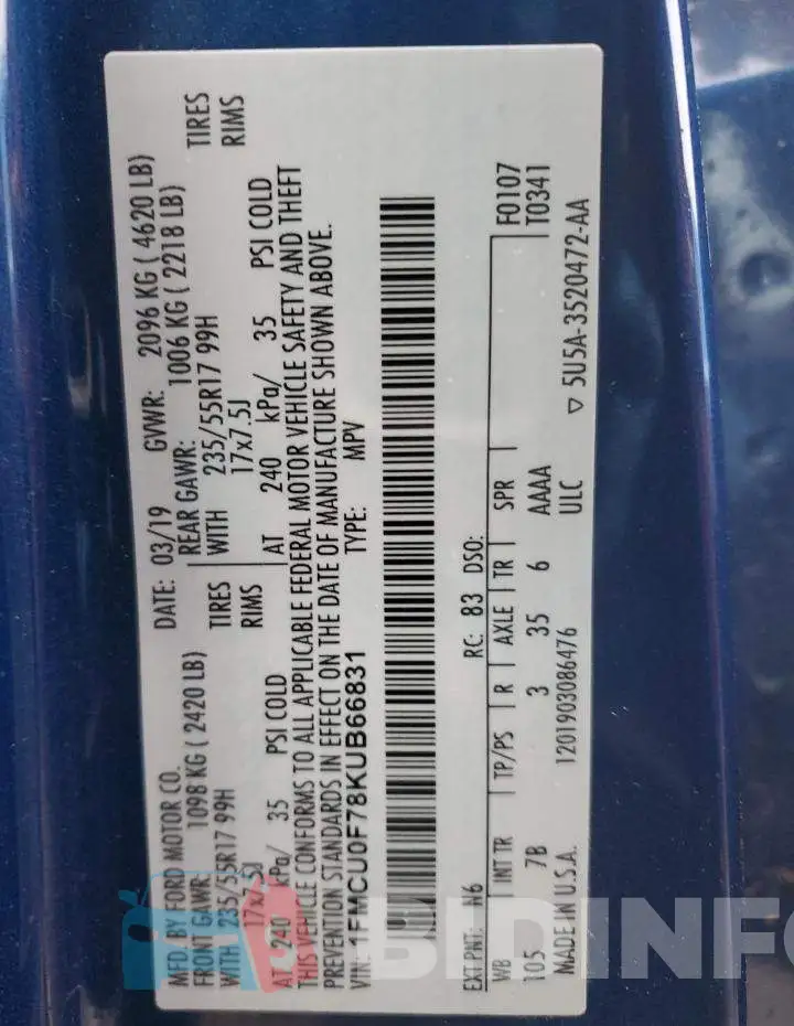 1FMCU0F78KUB66831 Photo# 14