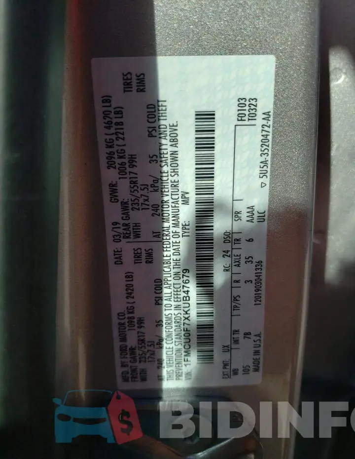 1FMCU0F7XKUB47679 Photo# 13