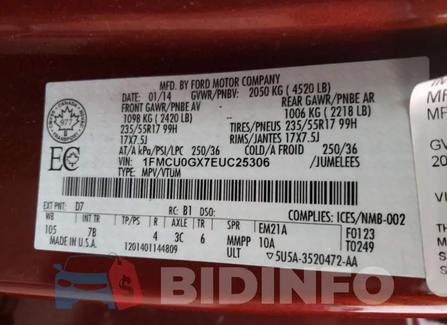 1FMCU0GX7EUC25306 Photo# 13