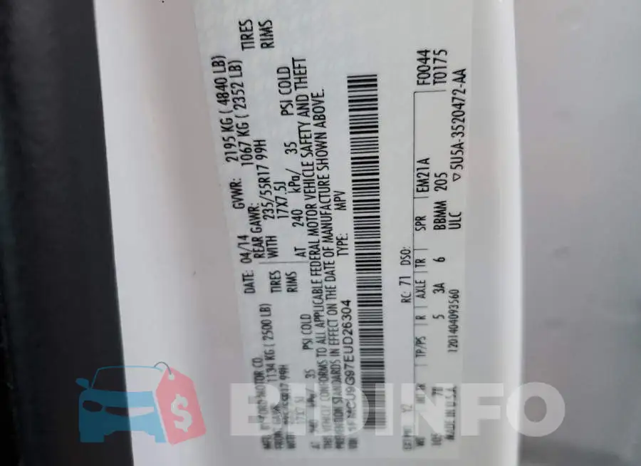 1FMCU9G97EUD26304 Photo# 10