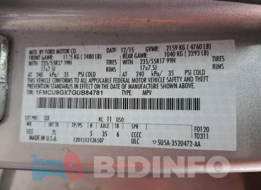 1FMCU9GX7GUB84781 Photo# 13