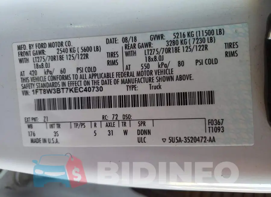 1FT8W3BT7KEC40730 Photo# 12