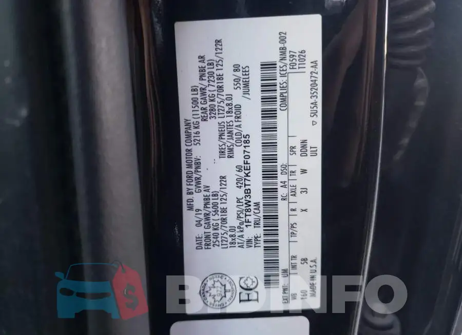 1FT8W3BT7KEF07185 Photo# 10
