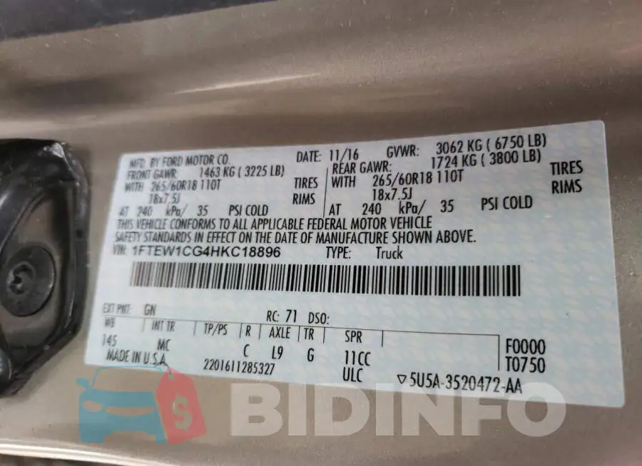 1FTEW1CG4HKC18896 Photo# 13