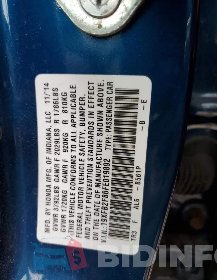 19XFB2F86FE019892 Photo# 13