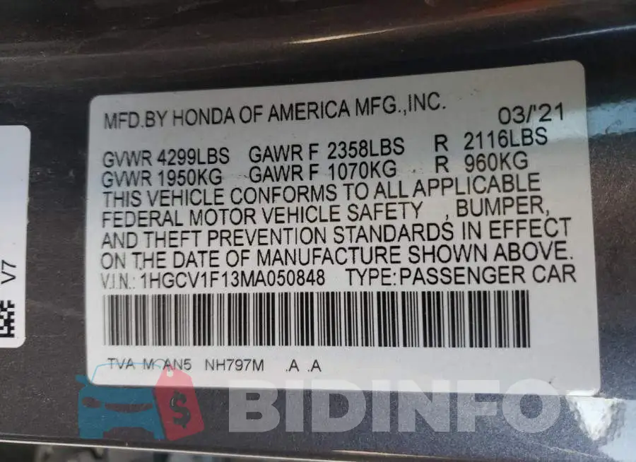 1HGCV1F13MA050848 Photo# 13