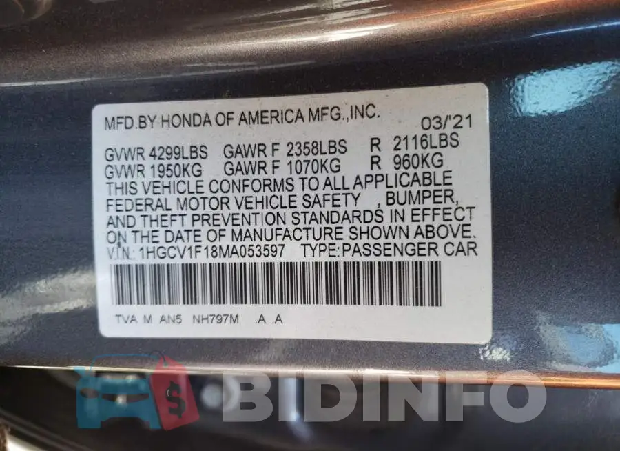 1HGCV1F18MA053597 Photo# 12