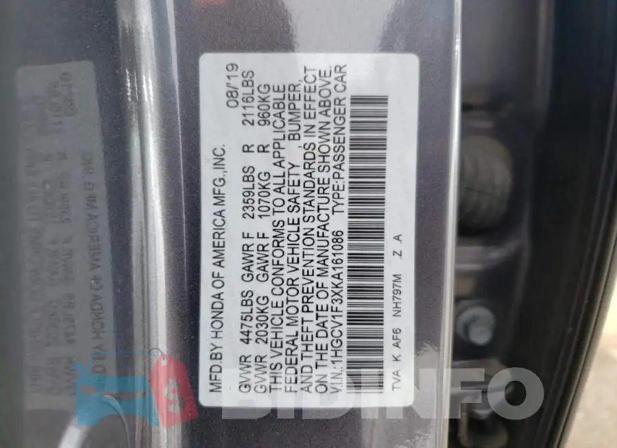 1HGCV1F3XKA161086 Photo# 10