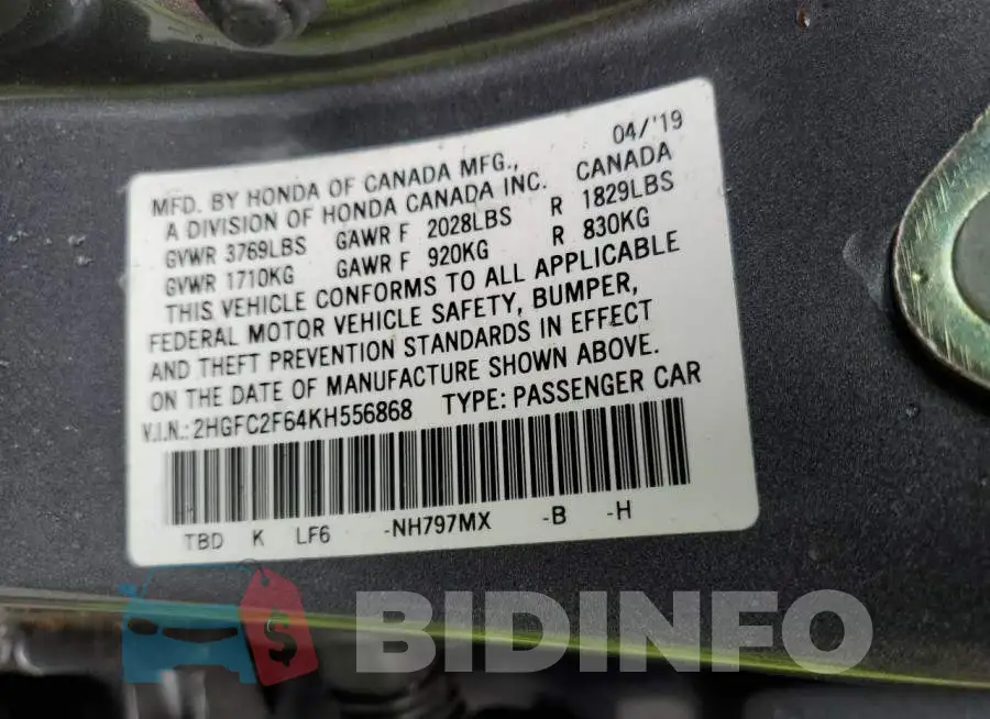 2HGFC2F64KH556868 Photo# 12