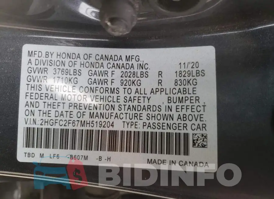2HGFC2F67MH519204 Photo# 12