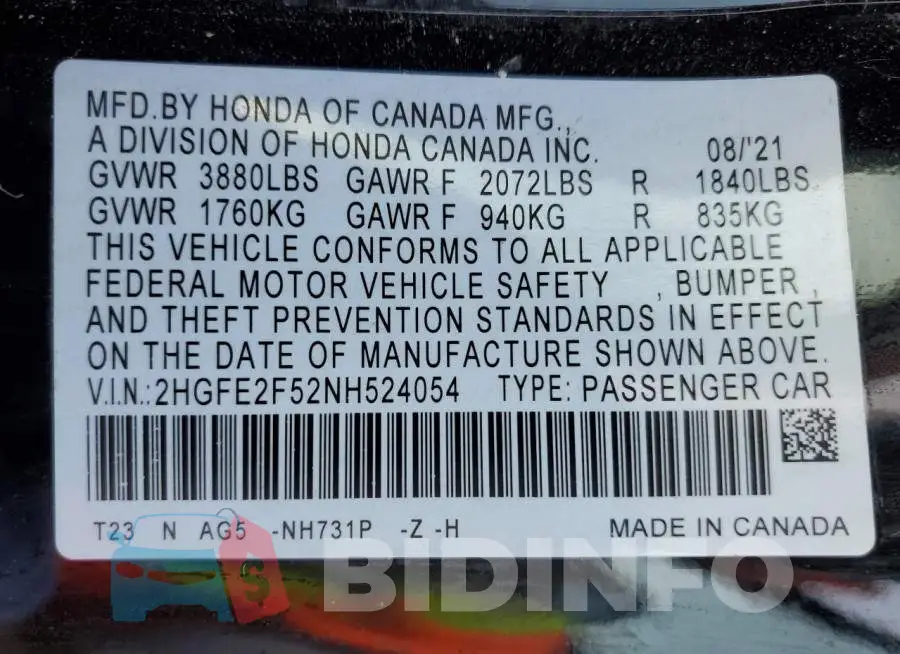 2HGFE2F52NH524054 Photo# 13