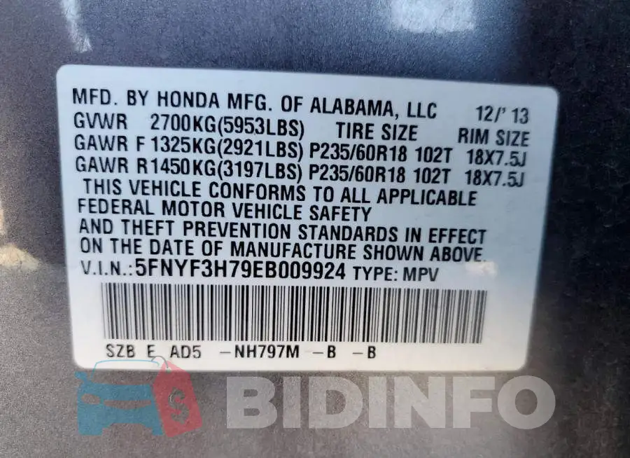 5FNYF3H79EB009924 Photo# 13
