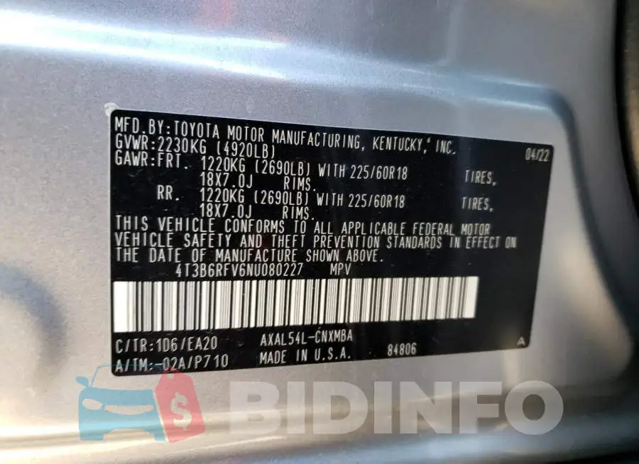4T3B6RFV6NU080227 Photo# 13