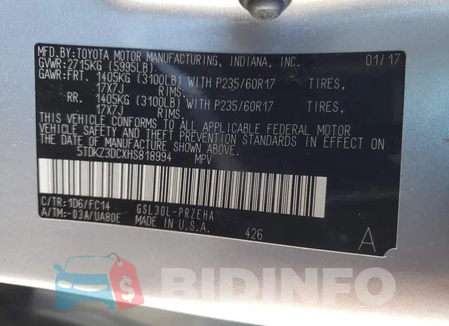 5TDKZ3DCXHS818994 Photo# 13
