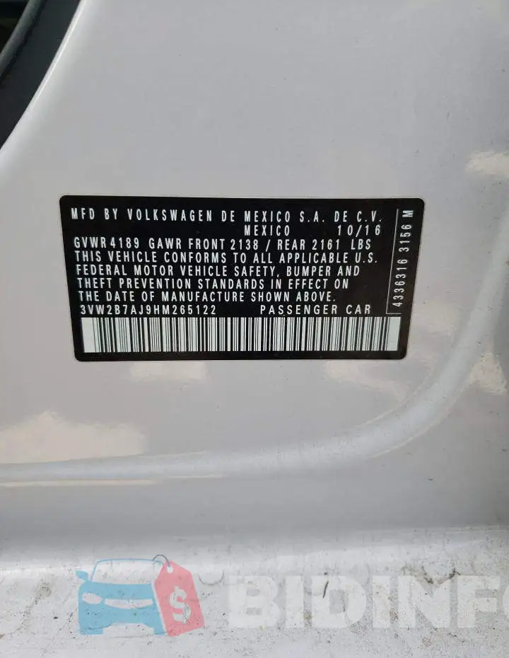 3VW2B7AJ9HM265122 Photo# 12