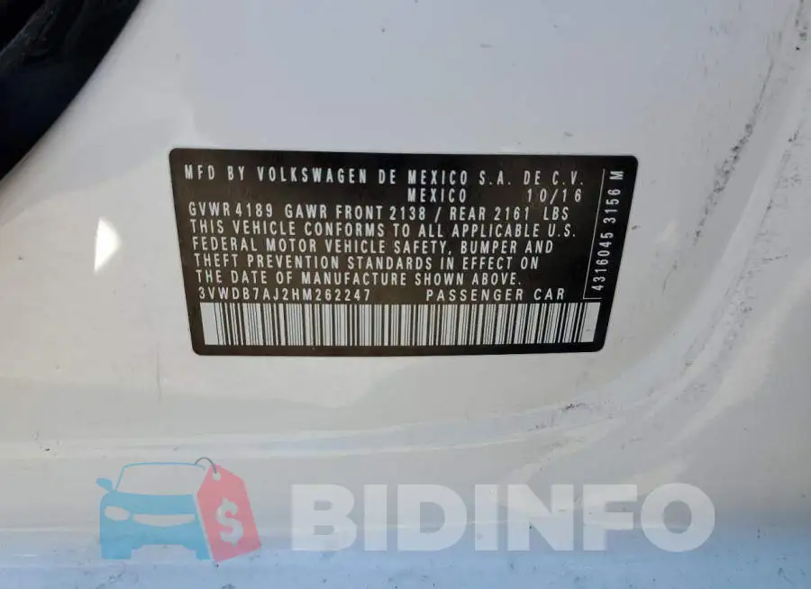 3VWDB7AJ2HM262247 Photo# 13