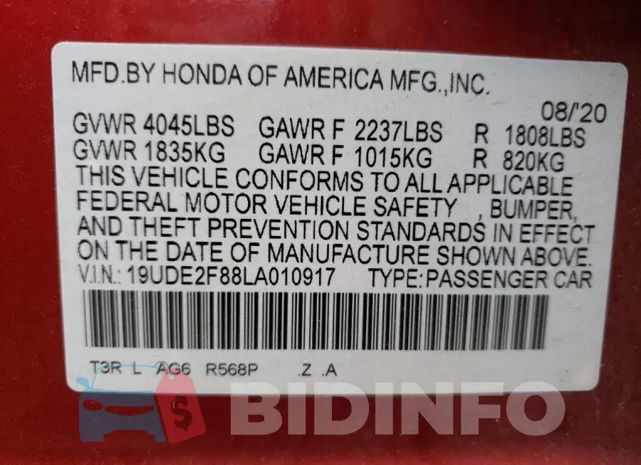 19UDE2F88LA010917 Photo# 10