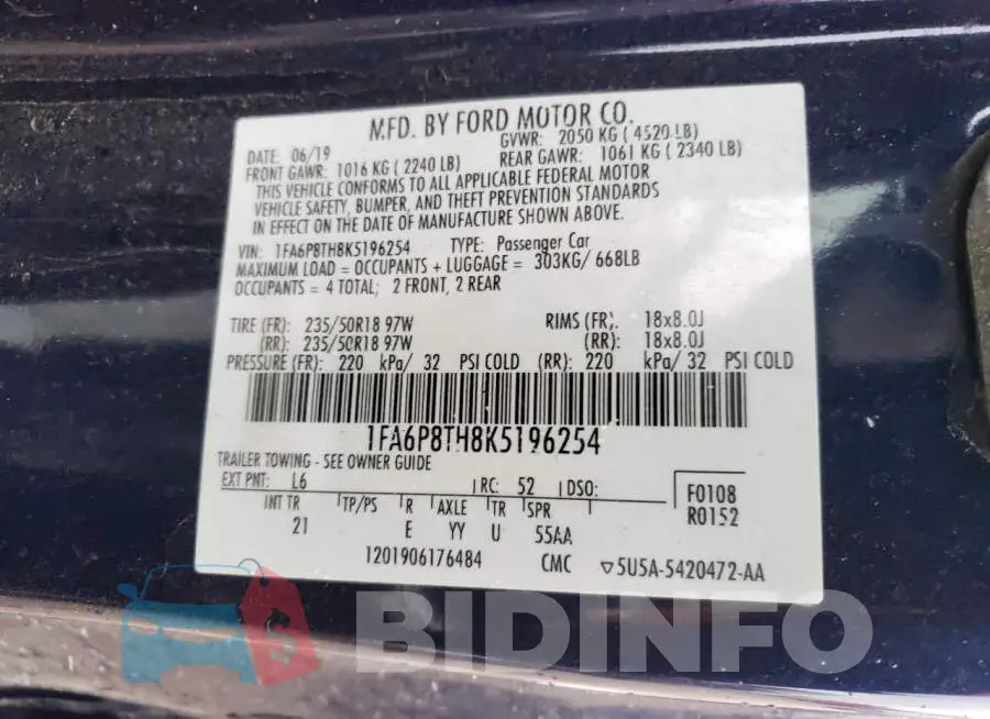 1FA6P8TH8K5196254 Photo# 12