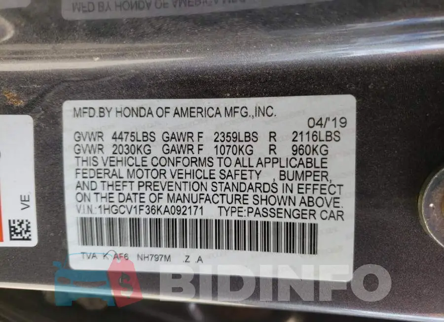 1HGCV1F36KA092171 Photo# 13