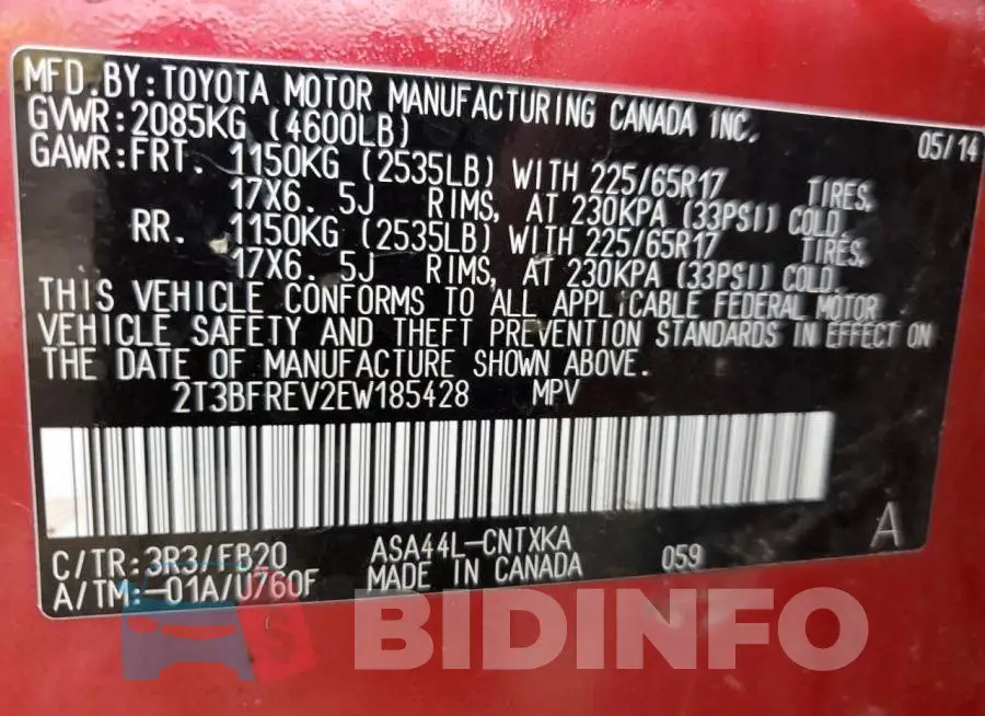 2T3BFREV2EW185428 Photo# 13