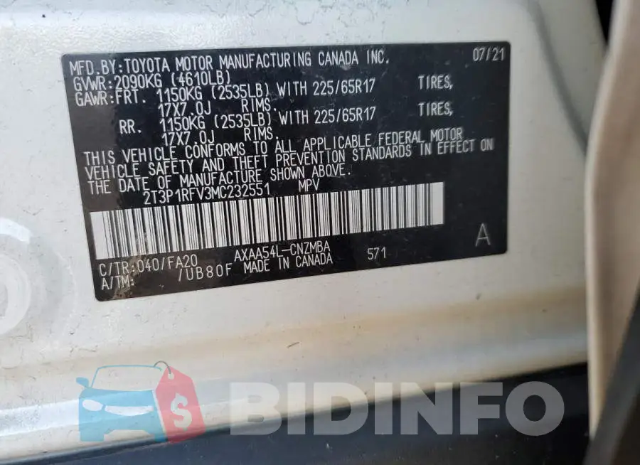 2T3P1RFV3MC232551 Photo# 13