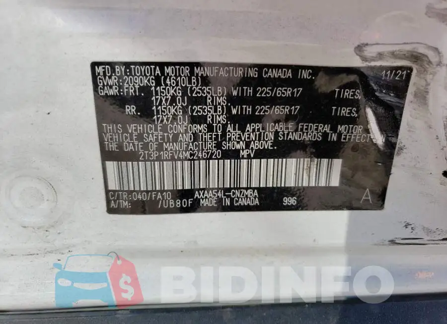 2T3P1RFV4MC246720 Photo# 10