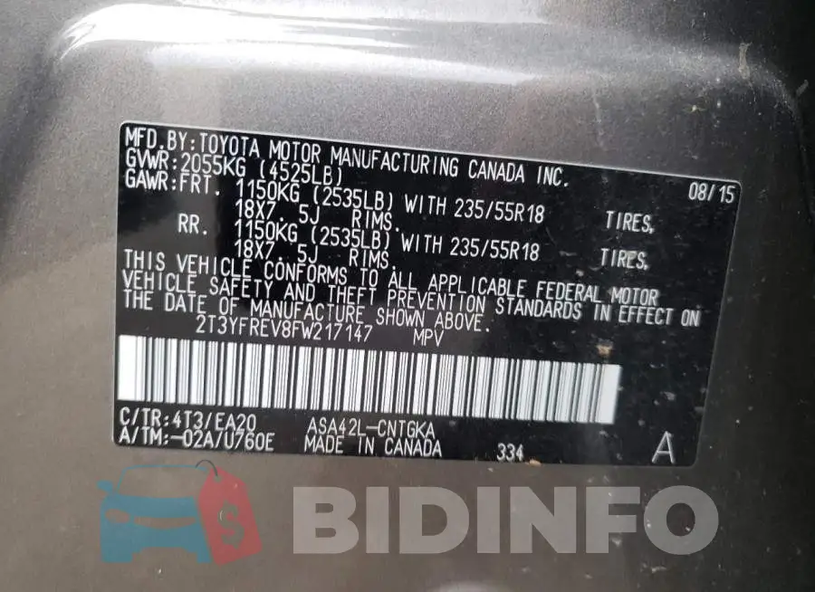 2T3YFREV8FW217147 Photo# 12