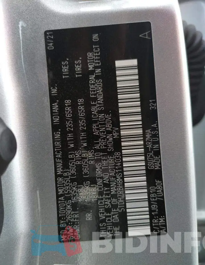 5TDHZRBH8MS114038 Photo# 13