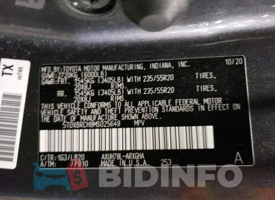5TDXBRCH8MS025648 Photo# 13