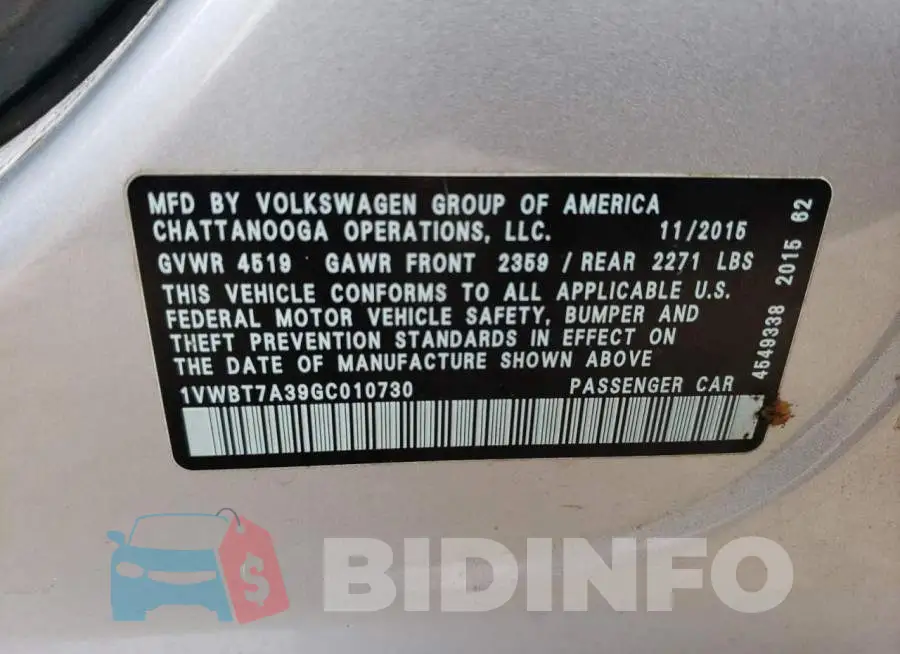 1VWBT7A39GC010730 Photo# 10
