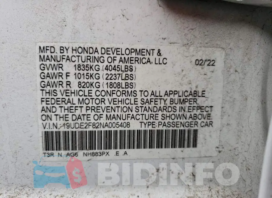 19UDE2F82NA005408 Photo# 12