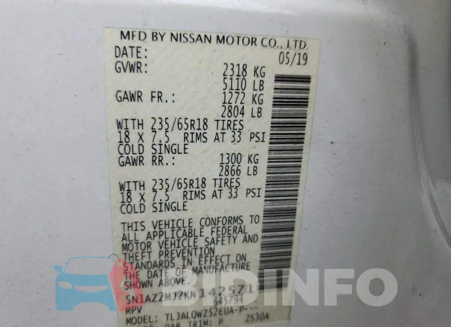 5N1AZ2MJ2KN142571 Photo# 10