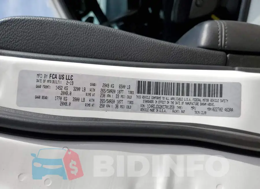 1C4RDJDG2KC701259 Photo# 13