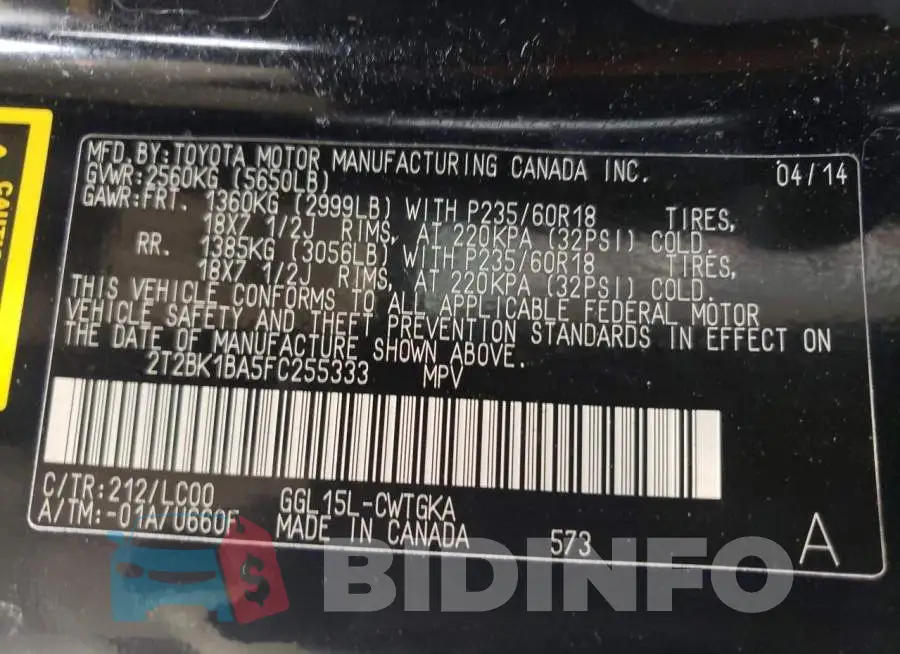 2T2BK1BA5FC255333 Photo# 10